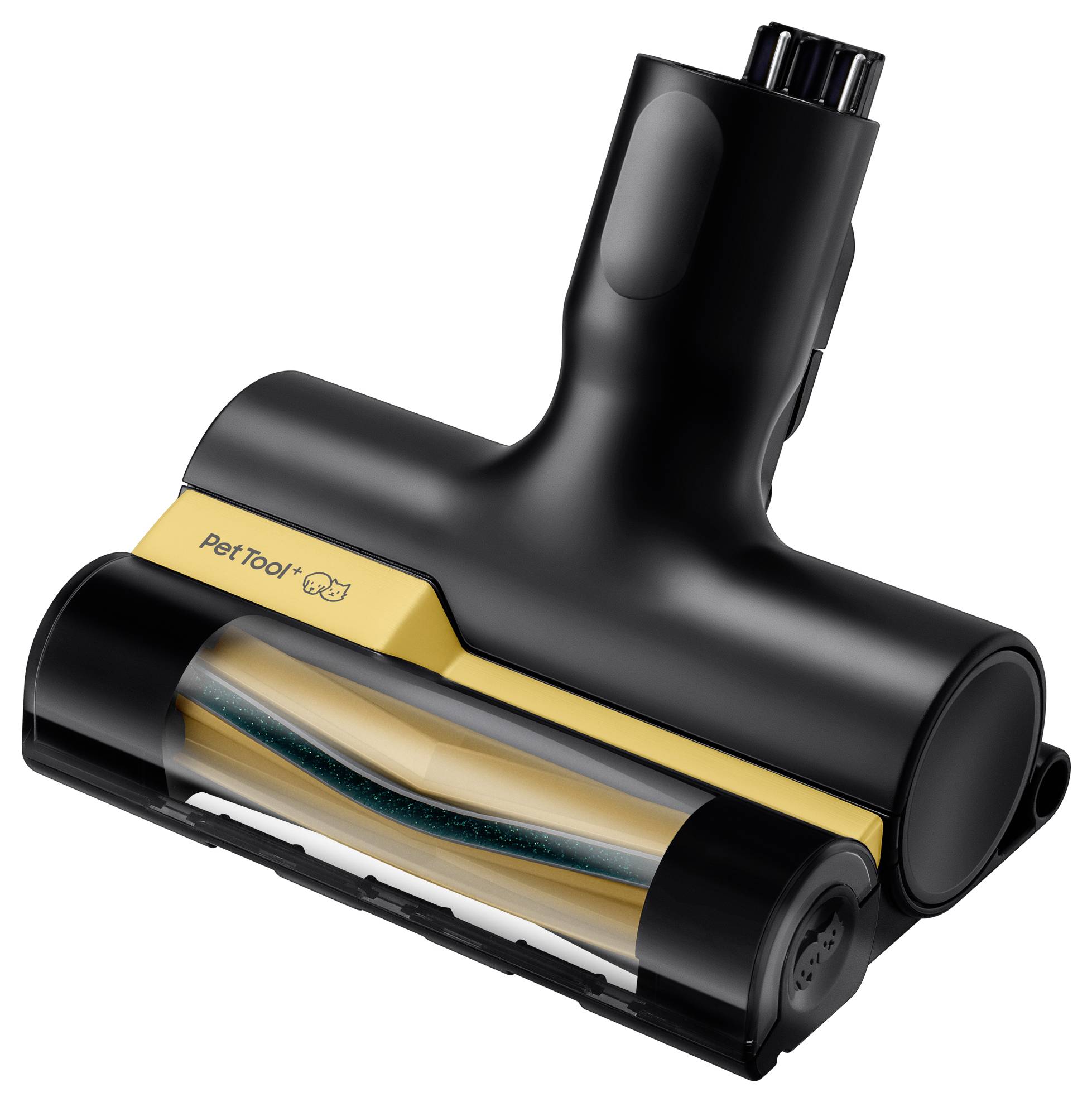 A black and gold vacuum cleaner attachment labeled 'Pet Tool' with visible brush inside, designed for removing pet hair from surfaces.
