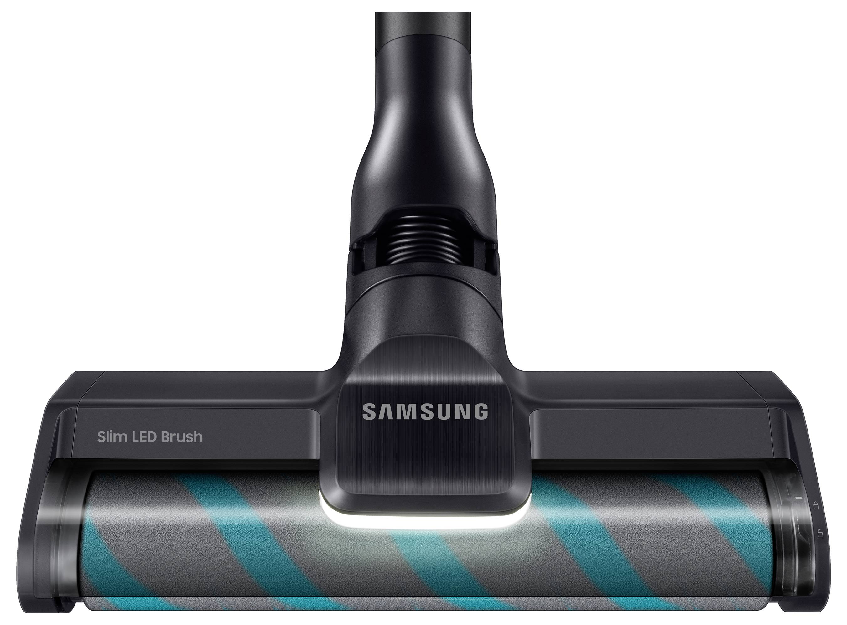 Vacuum cleaner head with 'Samsung Slim LED Brush' label, featuring a cylindrical roller with aqua stripes under LED lighting.