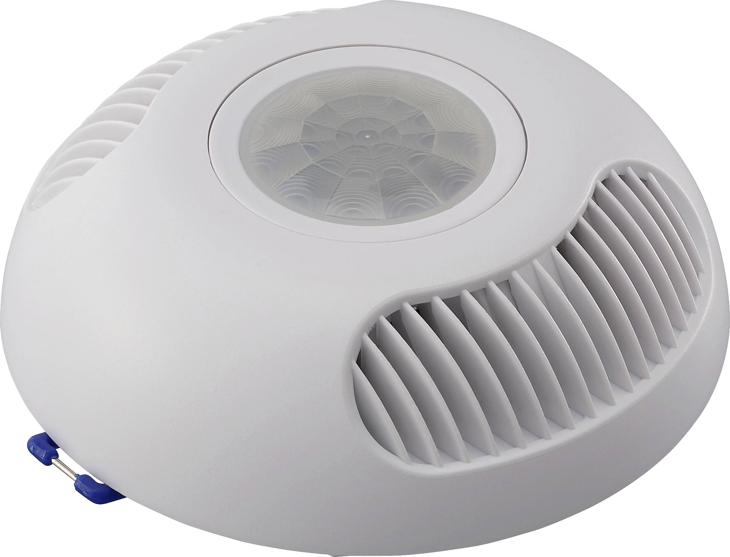 A white ceiling-mounted motion sensor with a central dome lens and vented design, used for detecting movement in a room.