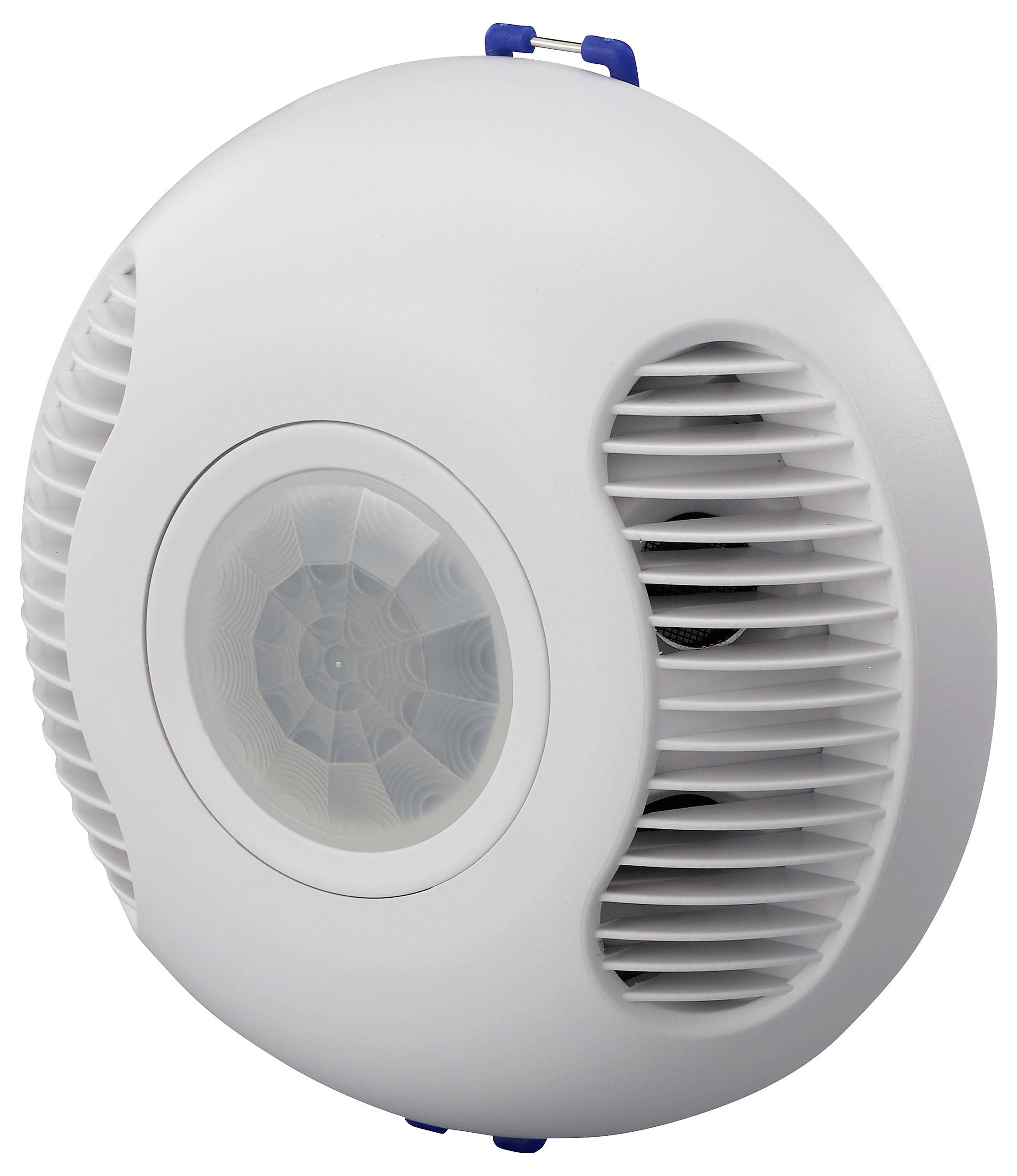 A round, white motion sensor with a central lens and ventilation slits on the sides, used for detecting movement in a room.