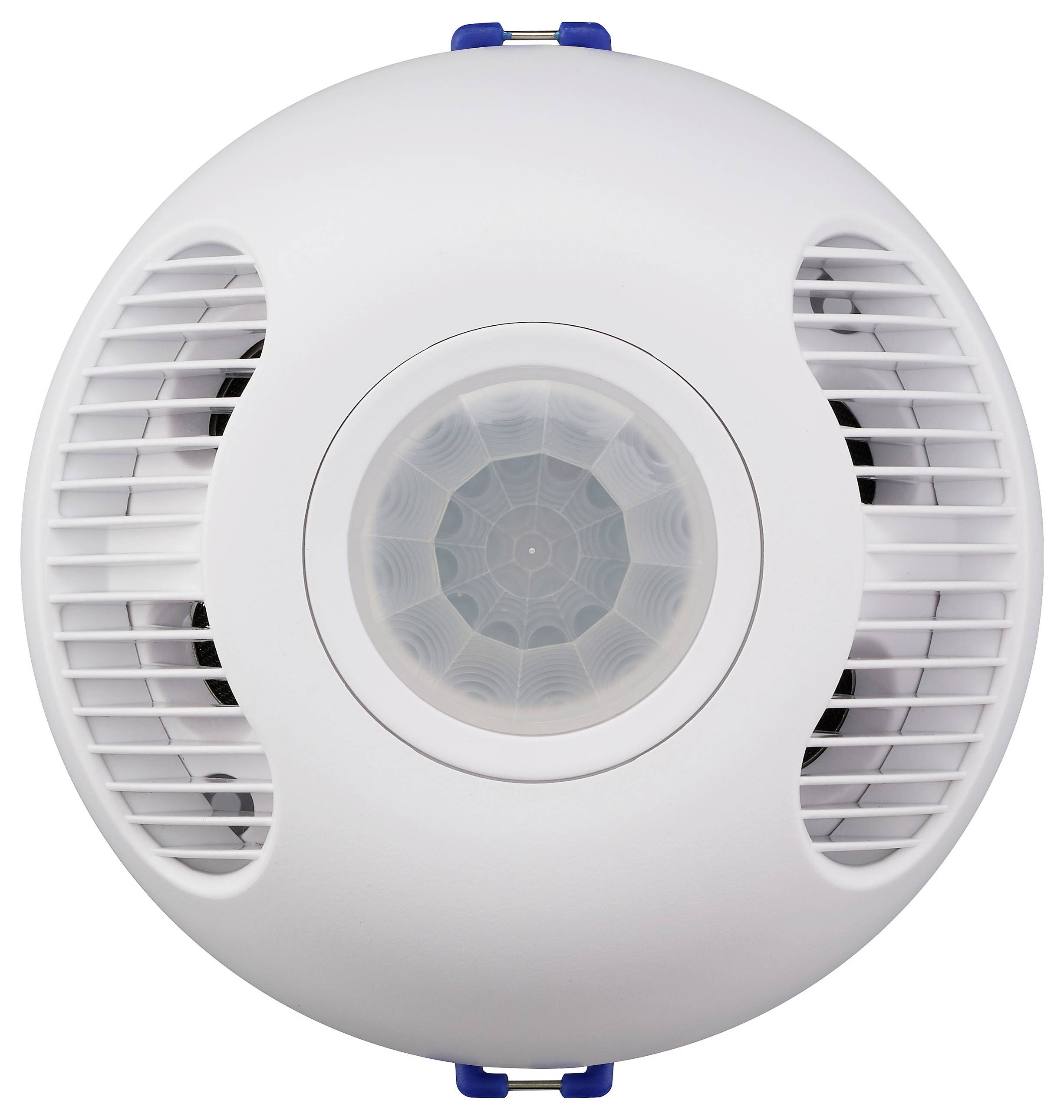 A round ceiling-mounted motion sensor with a central detection lens and vent-like openings on the sides, used for detecting movement in a room.