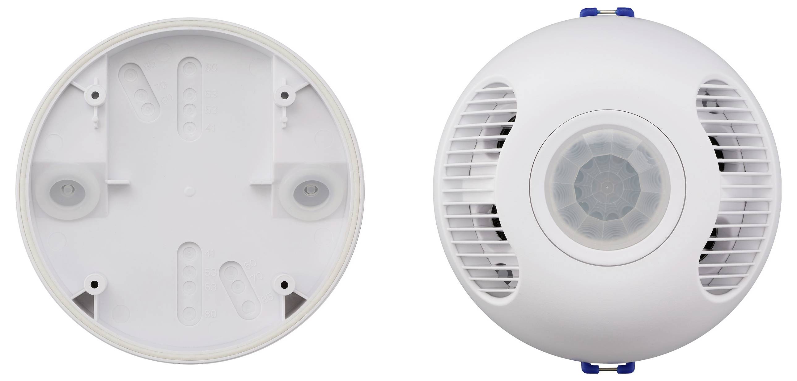 Round white ceiling-mounted motion sensor with a cover, shown next to its base. The sensor has a central lens and side vents.