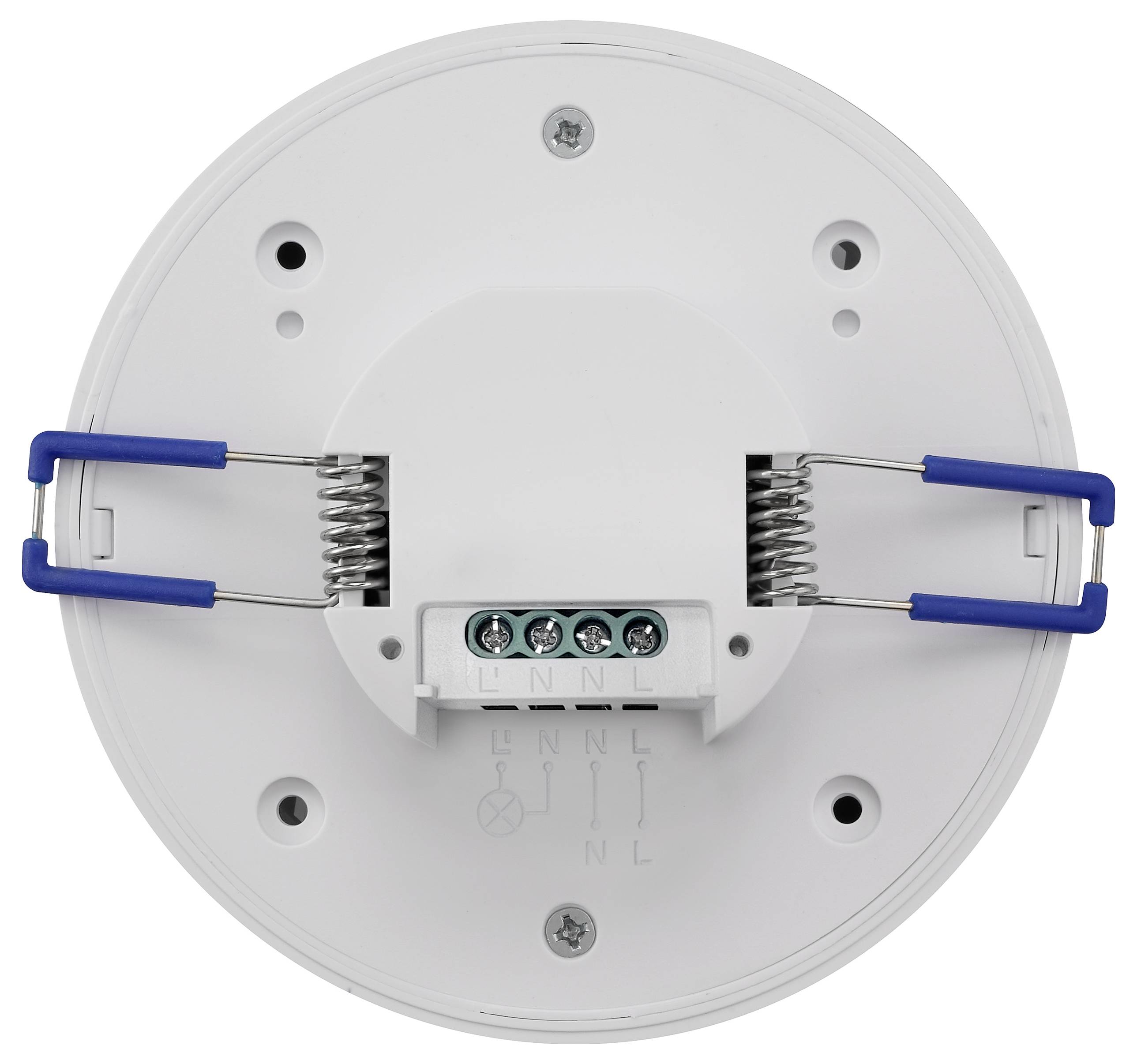 A round, white ceiling light base with blue wire brackets and screw terminals labeled 'L', 'N' for wiring connections.