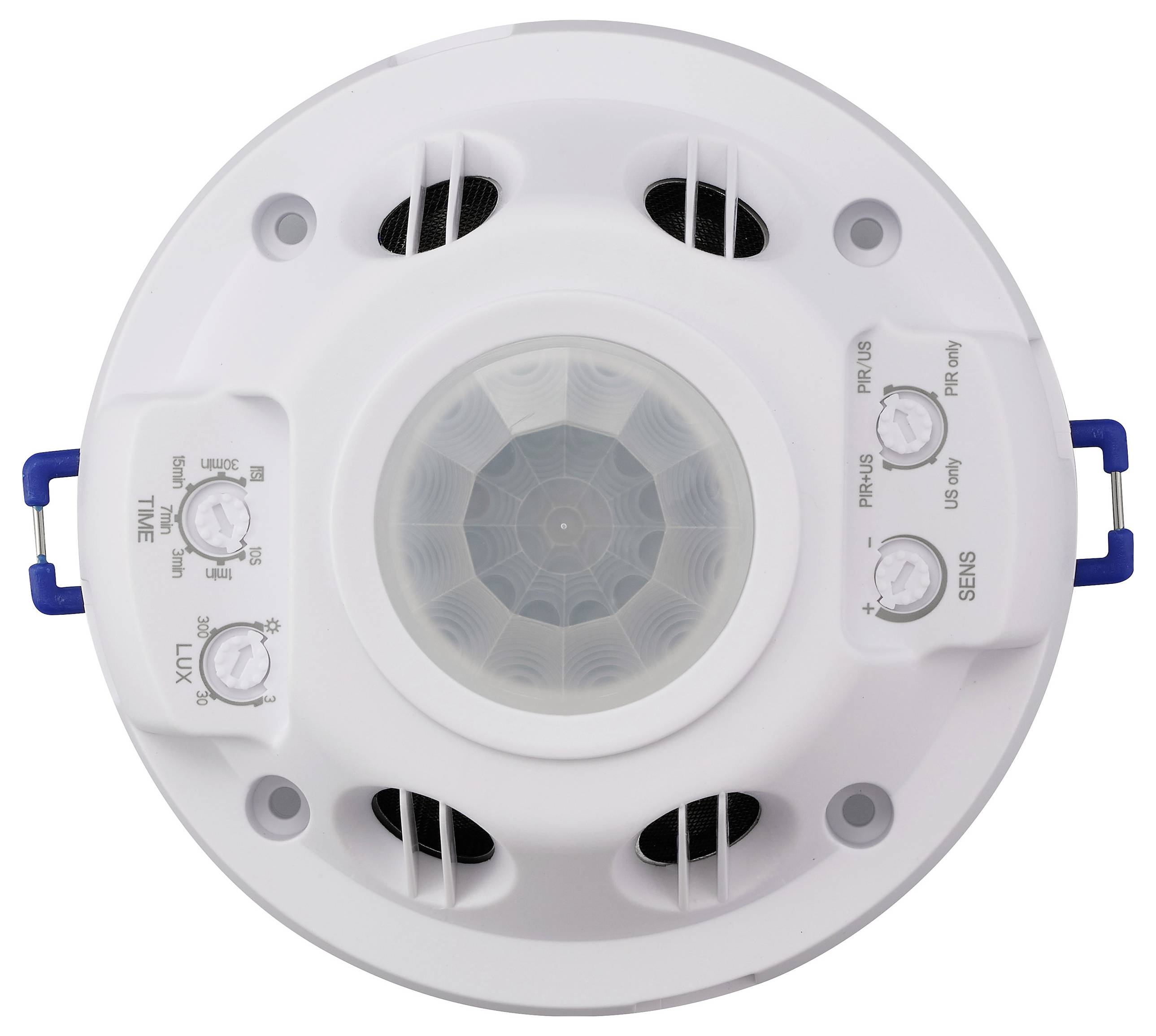 'Round motion sensor device with adjustable knobs for time, lux, and sensitivity settings, surrounded by small black vents.'
