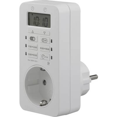 A digital timer plug with display showing '10:10', several programmable buttons, and a European plug for scheduling electrical devices.