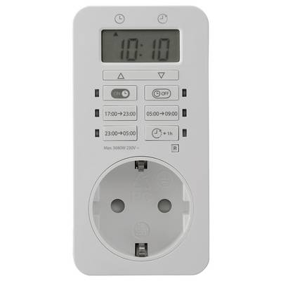 Digital timer socket with a display showing '10:10'. Buttons include 'ON', 'OFF', schedule times, and power settings.