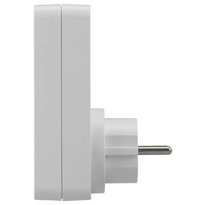 Side view of a white smart plug with a European-style two-pin connector.