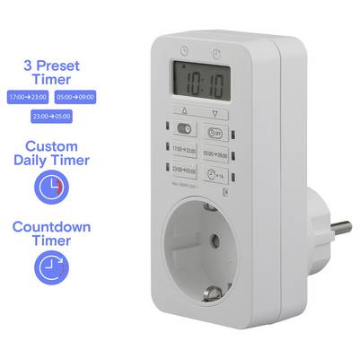 A digital timer plug showing a time reading. Features include three preset timers (17:00-23:00, 05:00-09:00, 23:00-05:00), custom daily timer, and countdown timer.