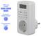 A digital timer plug showing a time reading. Features include three preset timers (17:00-23:00, 05:00-09:00, 23:00-05:00), custom daily timer, and countdown timer.