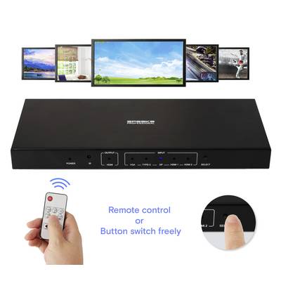 'Video switcher supports multiple displays with remote control or button-switch functions.'