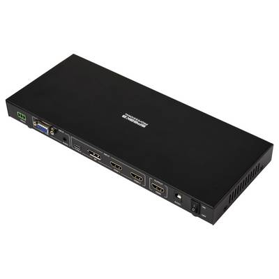 'Black rackmount HDMI switch with four HDMI inputs, one VGA input, Ethernet port, power switch, and LED indicators on the front panel.'
