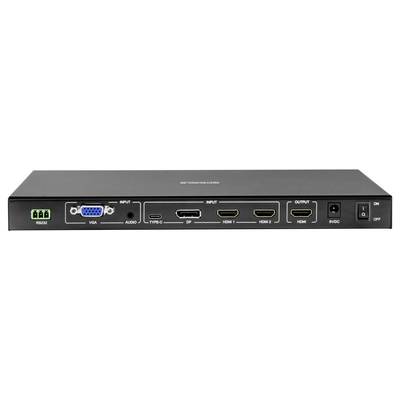 A black electronic device with various input and output ports including VGA, HDMI, USB-C, and audio. Power switch on the bottom right.