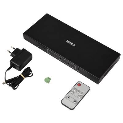 'AVS-424' multipurpose video switcher set includes main unit, remote control, power adapter, and connector plug.