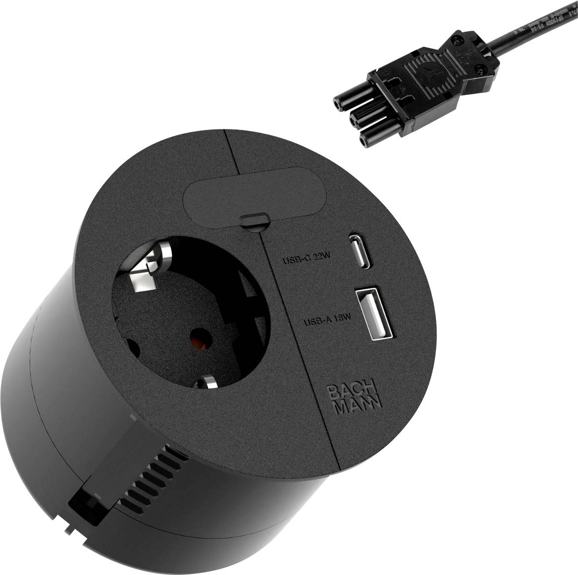 'Black cylindrical power outlet with a single plug socket and two USB ports, one USB-C and one USB-A, for versatile charging needs.'