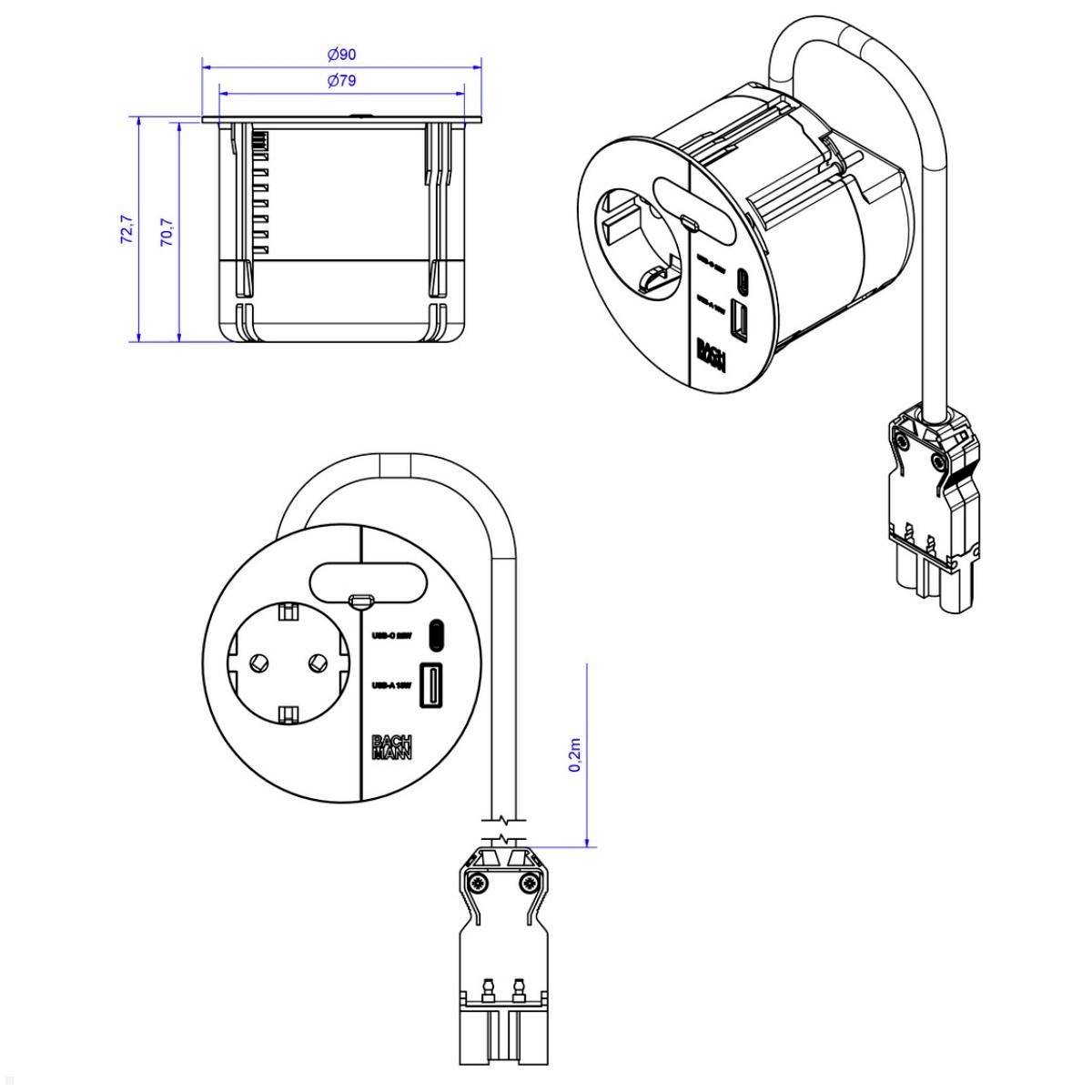 Technical drawing of a plug adapter with dimensions; shows side and front views, highlighting ports and overall size of 79mm height by 67.9mm diameter.