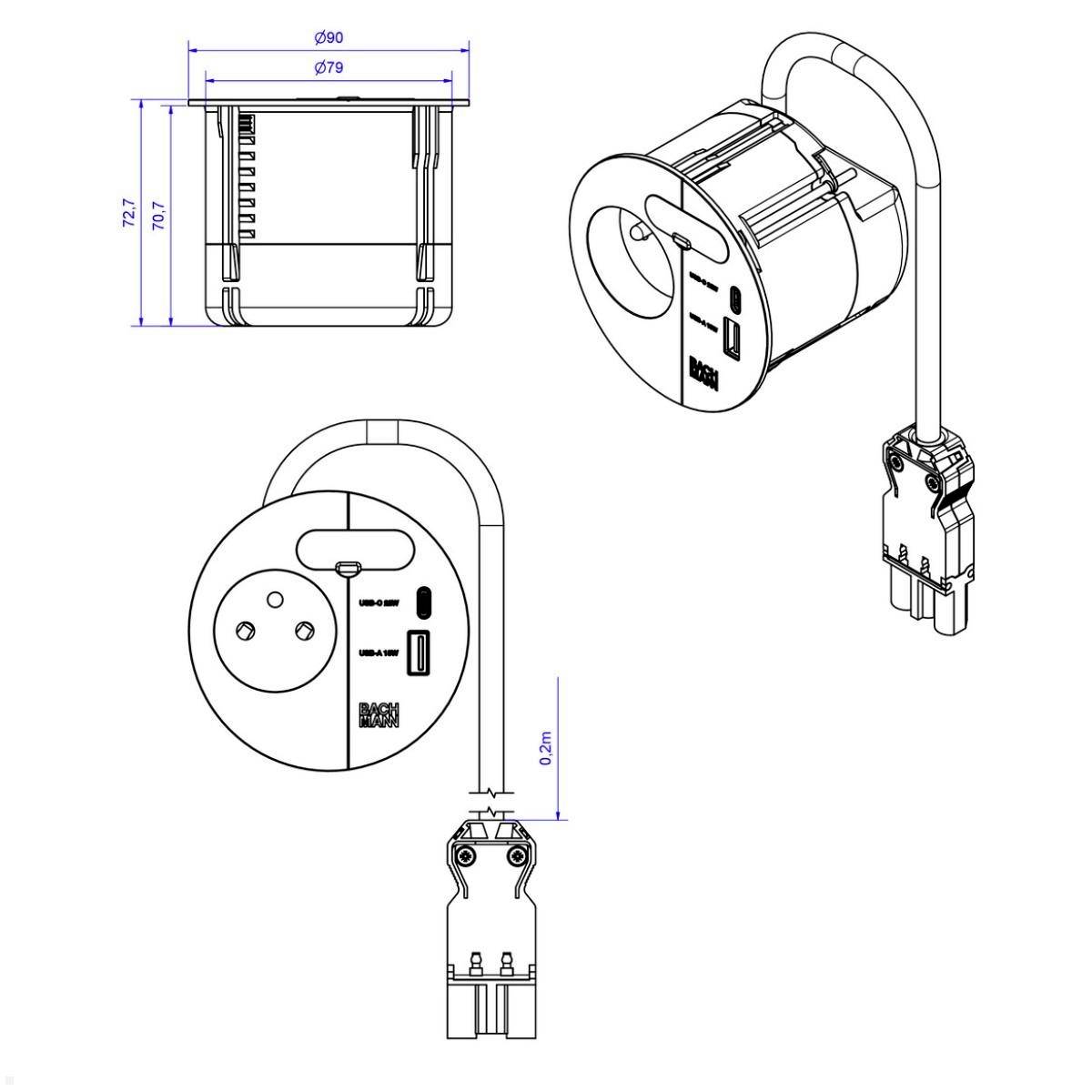 'Technical drawing of a round electrical plug adapter with measurements. Features include ports and plug configurations.'