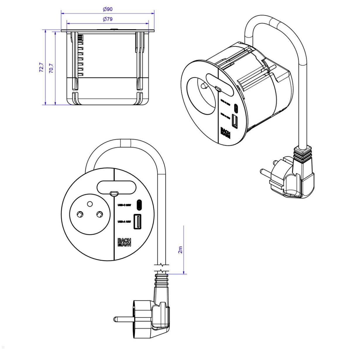 Technical drawing of a cylindrical device with electrical outlets and USB ports, shown from multiple angles. Dimensions: 97mm diameter, 72.7mm height, and 2m cord.