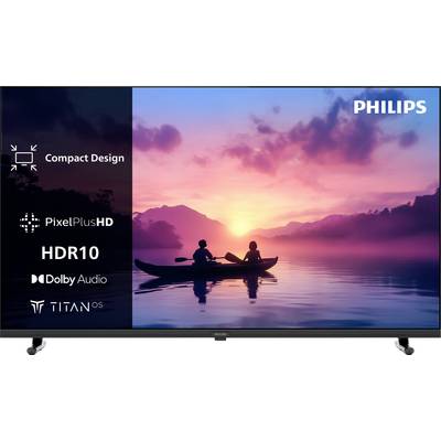 A TV displaying a vivid sunset over a lake with two people in a canoe. Features listed: Compact Design, PixelPlusHD, HDR10, Dolby Audio, Titan OS. Brand logo 'Philips' in the corner.