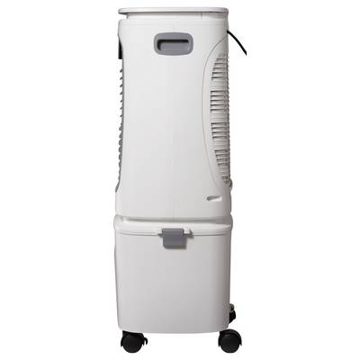 A white dehumidifier with air vents and wheels, designed for home use. The side view shows the control panel and handle on top.