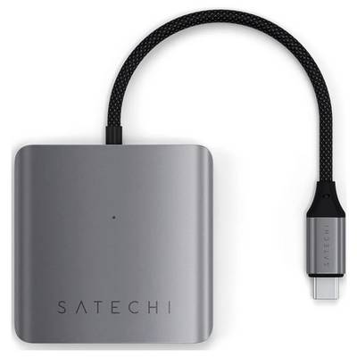 A Satechi USB-C hub with a gray square design connected to a short braided cable and a USB-C connector.