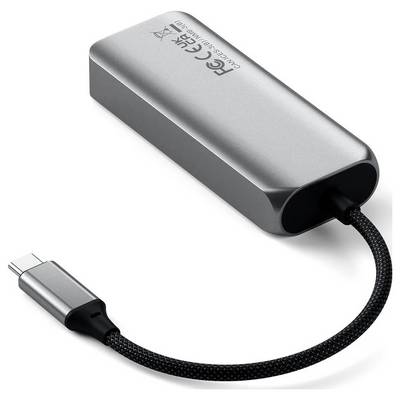 A sleek, metallic USB-C to Ethernet adapter with a braided cable, designed for connecting USB-C devices to wired networks.