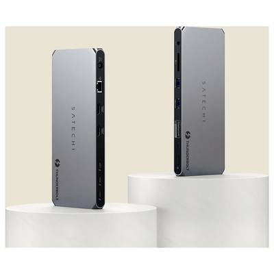 Two Satechi Thunderbolt docking stations displayed on round pedestals, highlighting USB ports and Ethernet connection, on a neutral background.