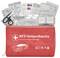 Red first aid kit bag with various medical supplies including bandages, adhesive plasters, and scissors labeled 'KFZ-Verbandtasche'.