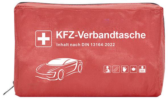 A red first aid kit bag labeled 'KFZ-Verbandtasche', complying with DIN 13164:2022 for vehicle use, with car and safety symbols.