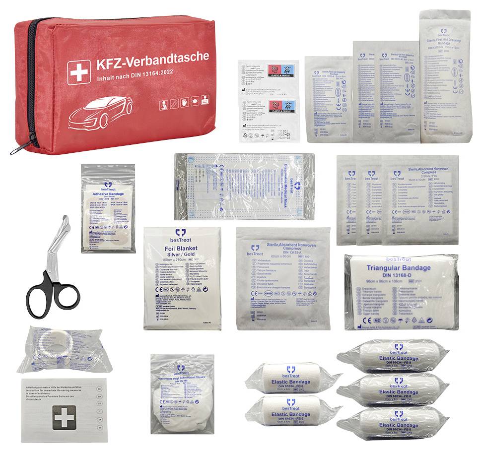 First aid kit for vehicles with contents displayed: bandages, scissors, adhesive strips, emergency blanket, triangular bandage, and instructions.
