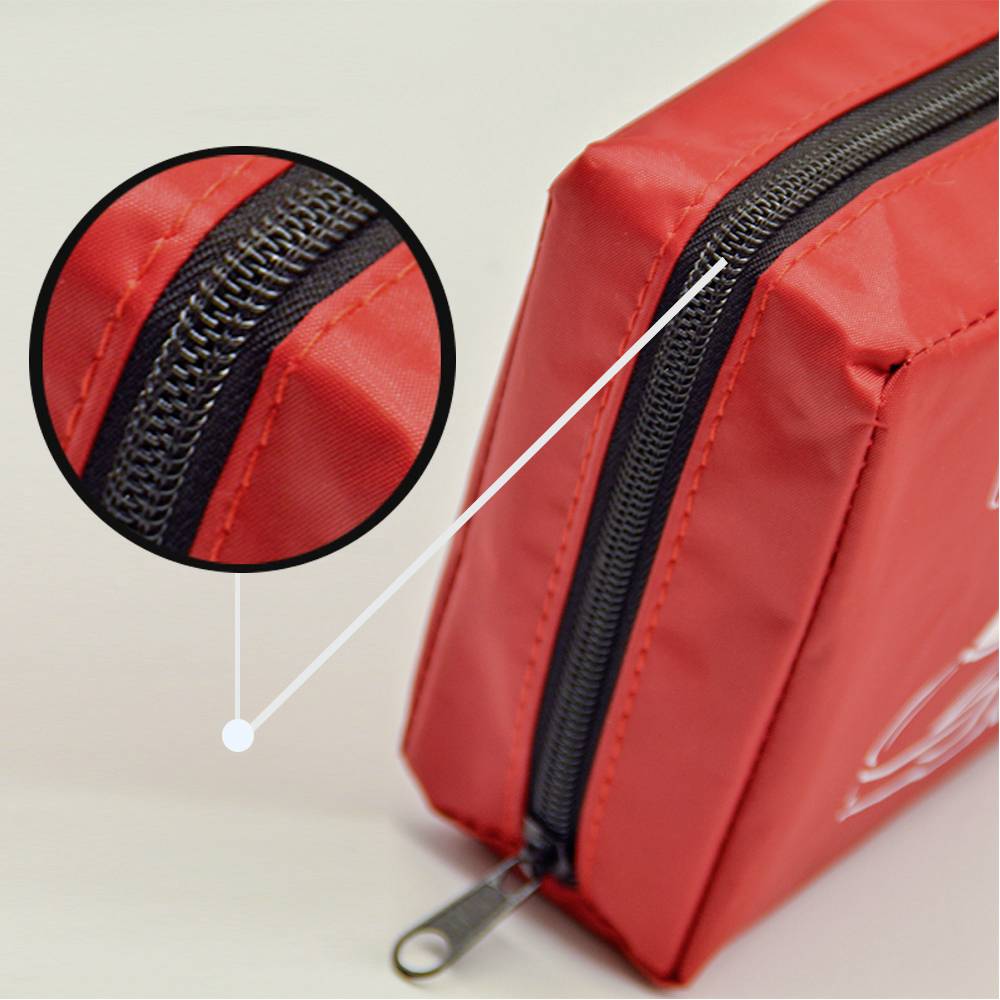 Red zippered pouch with a close-up inset focusing on the black zipper's detail.