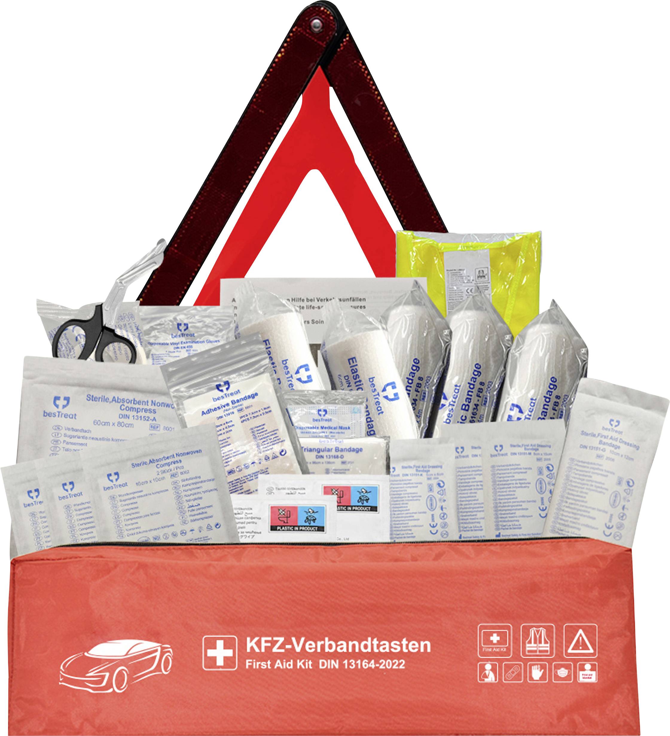 A car first aid kit with various medical supplies, including bandages, scissors, and gauze, displayed in a red case labeled 'First Aid Kit DIN 13164:2022'.