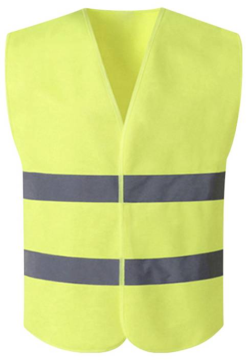A yellow high-visibility safety vest with two horizontal reflective bands across the chest and waist.