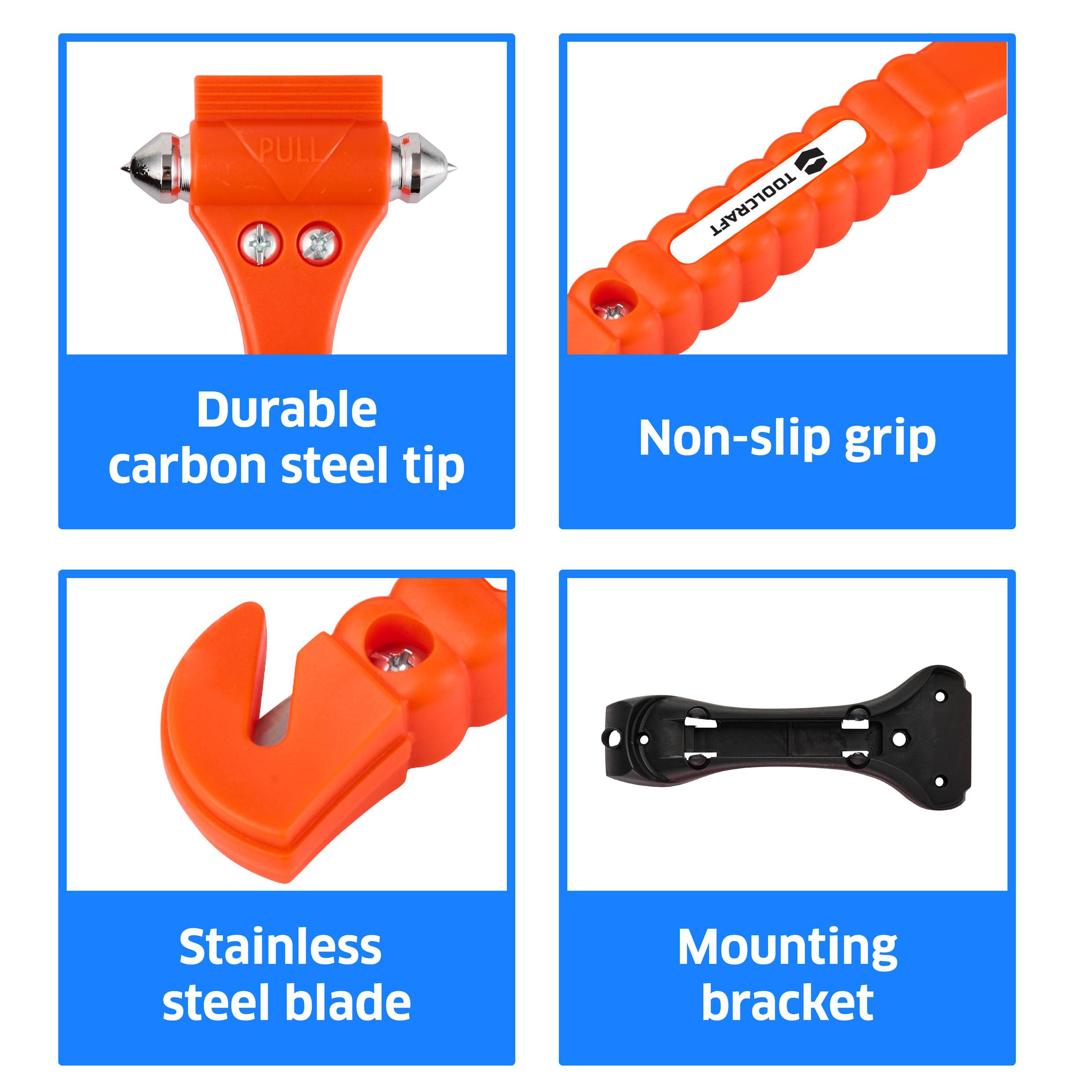The image showcases four features of a vehicle safety hammer: 'Durable carbon steel tip', 'Non-slip grip', 'Stainless steel blade', and 'Mounting bracket'.