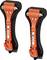 Two orange and black emergency car escape hammers with pointed metal tips, seat belt cutters, and mounting brackets for safety use.