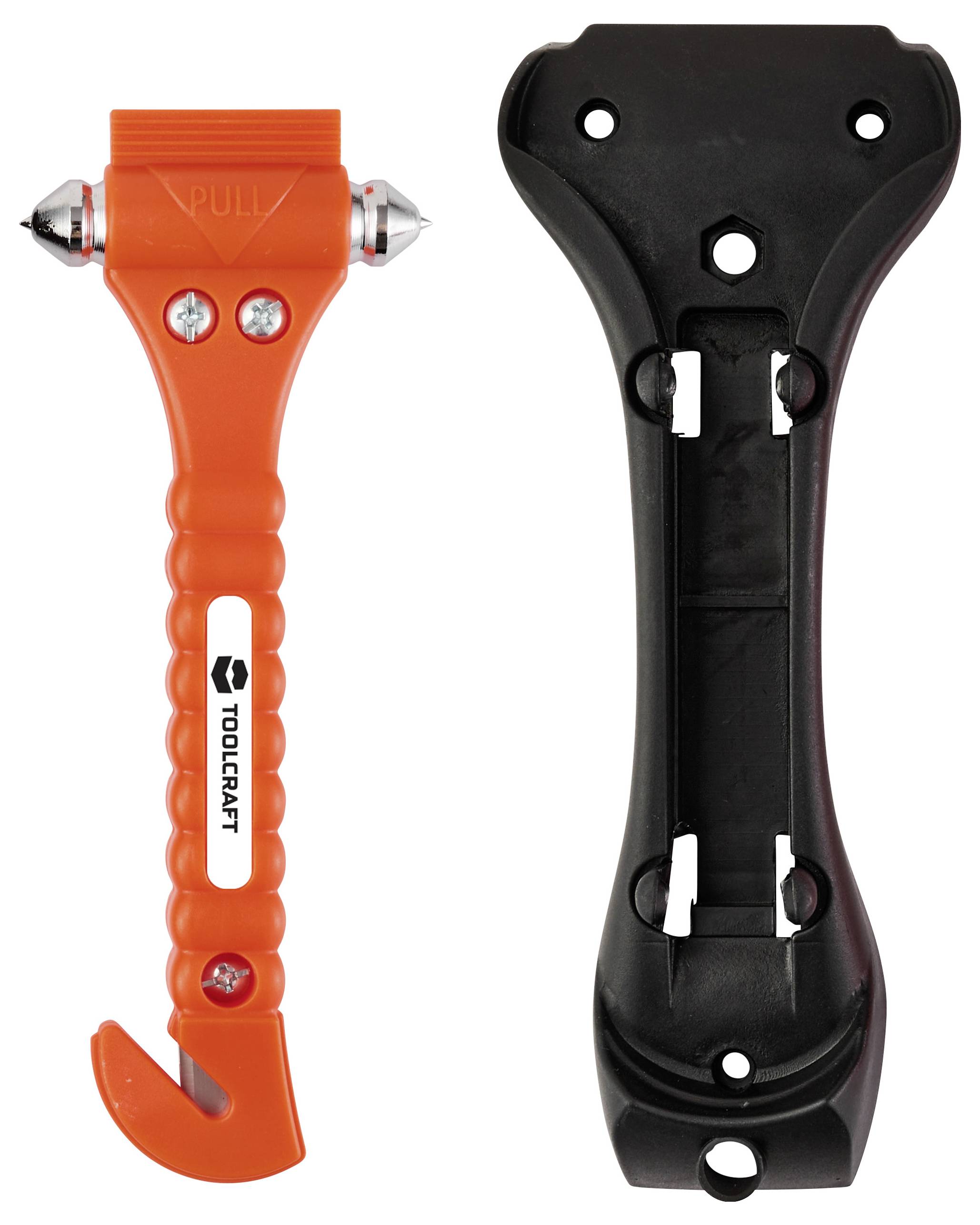 An orange emergency car escape tool with a hammer and blade, designed for breaking windows and cutting seatbelts, shown with a black holder.