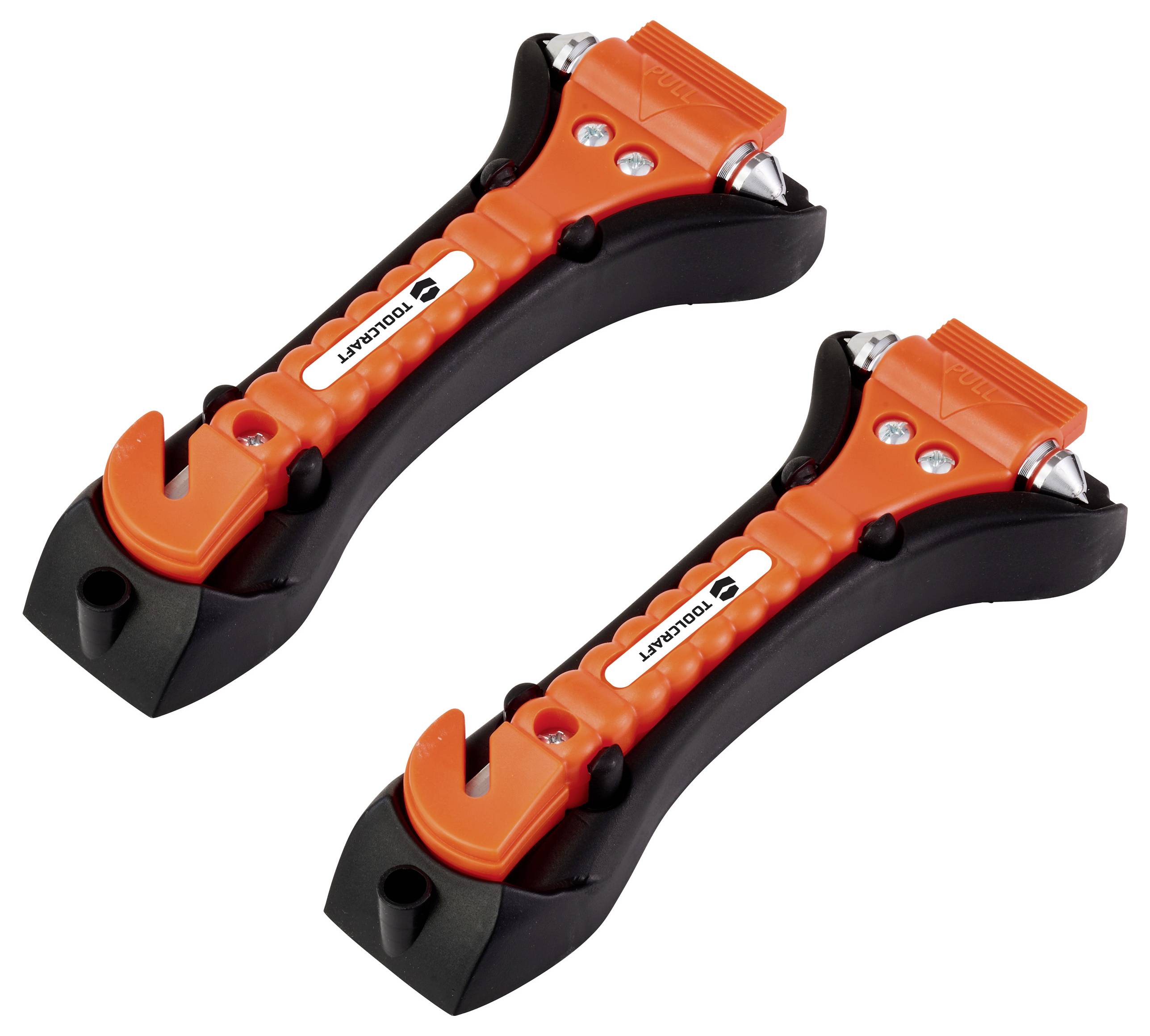 Two orange and black car emergency tools with hammerheads and seatbelt cutters, designed for breaking windows and cutting seatbelts in emergencies.