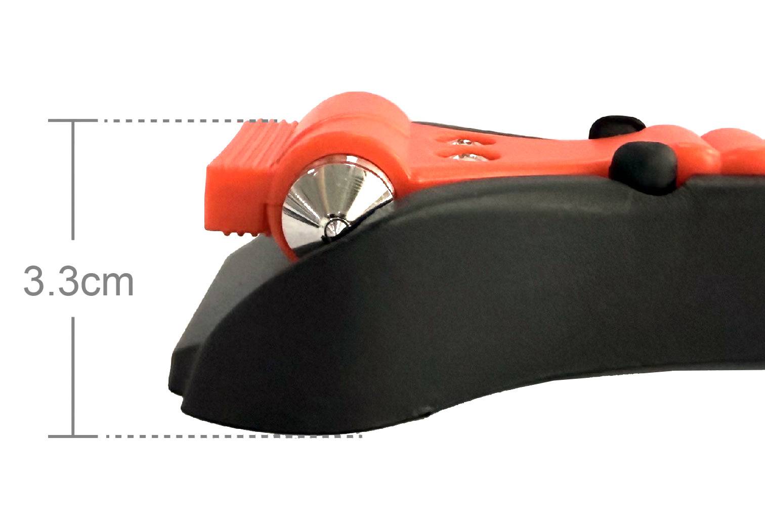 A close-up image of an orange and black wheel stopper with spikes, showing a height measurement of 3.3 cm next to it.