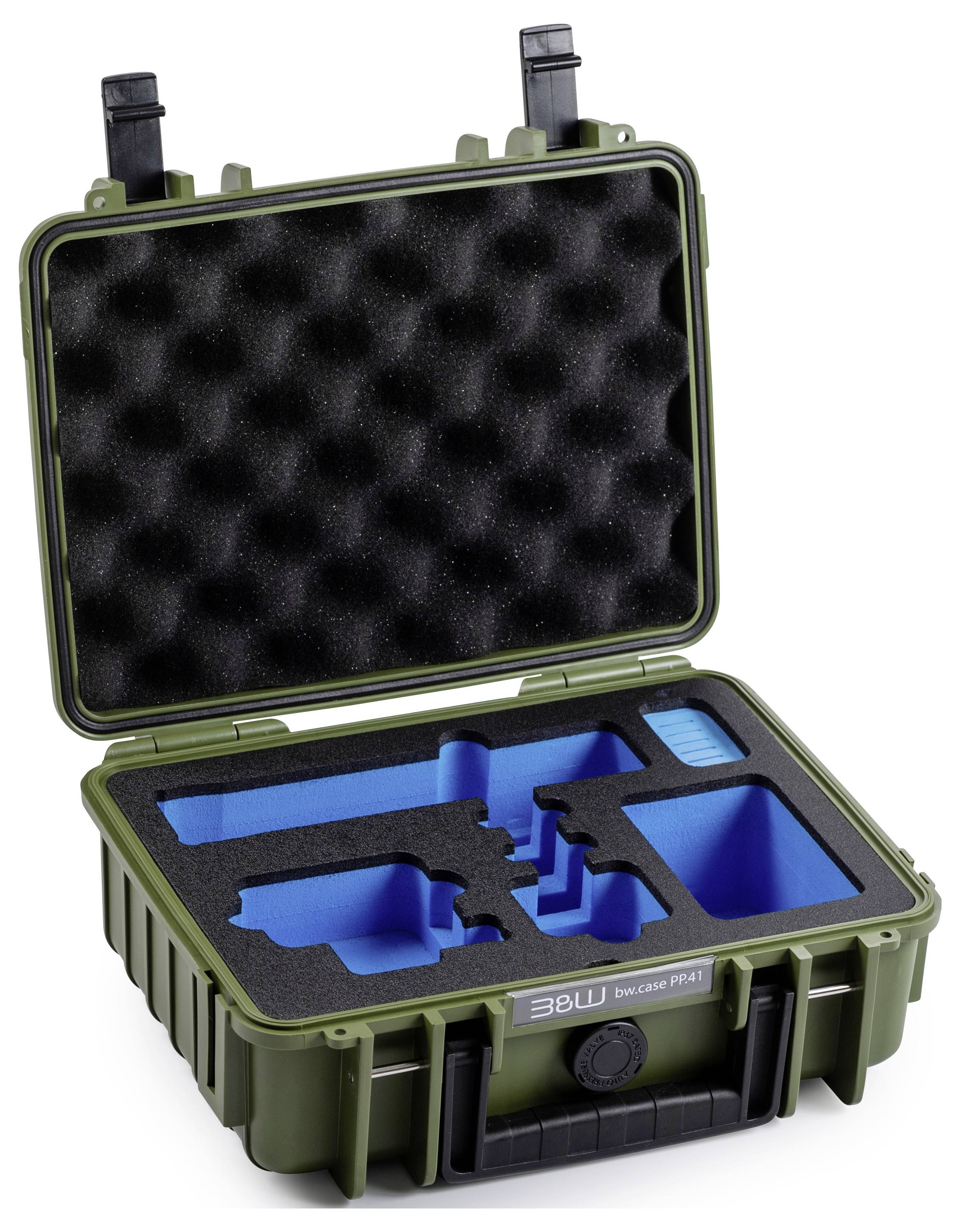 A rugged, green protective case with custom foam compartments, open to show dark and blue inserts, suitable for safely storing equipment.