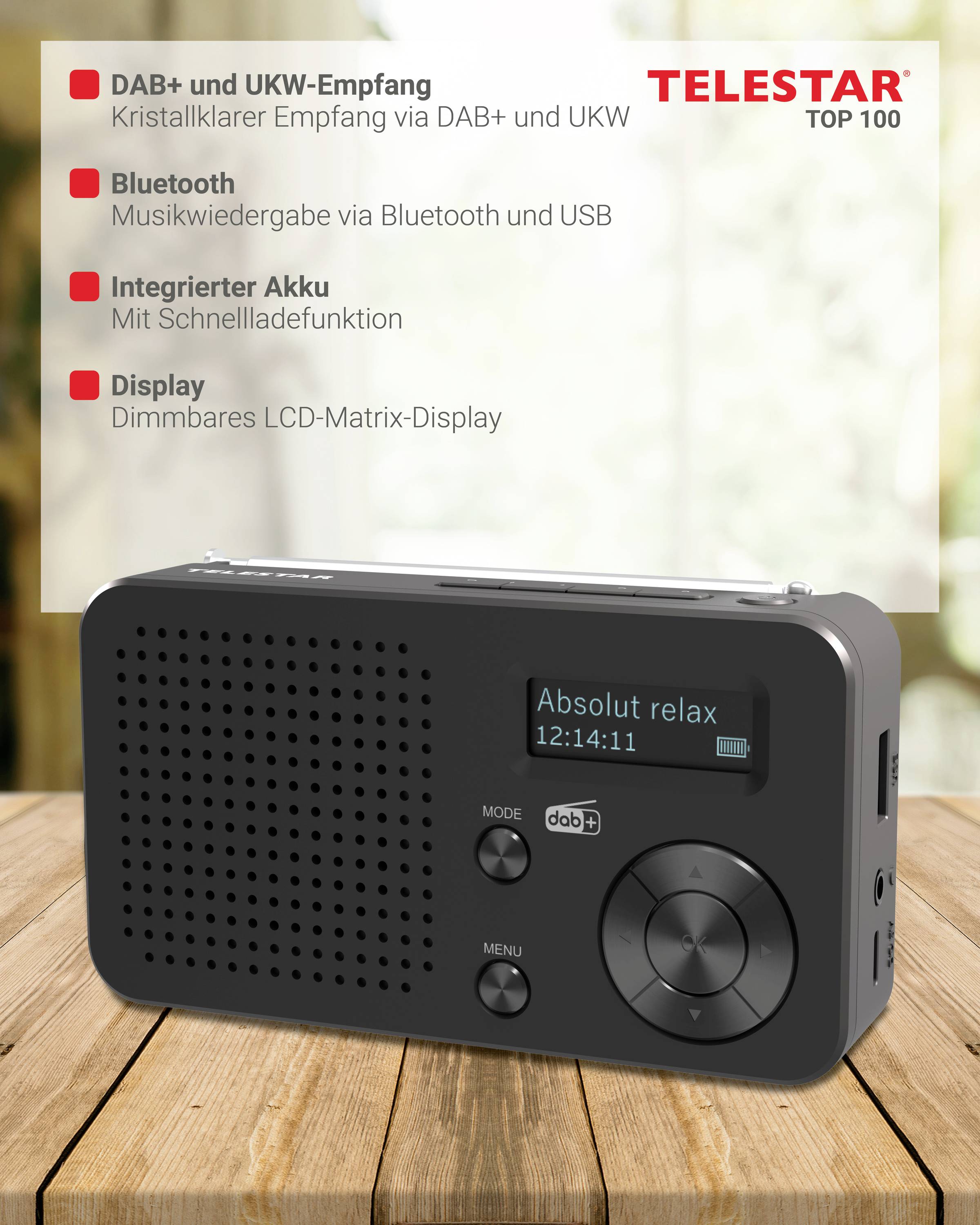 Telestar TELESTAR TOP 100 Schwarz Cordless radio DAB+, FM Bluetooth, USB Battery charger, rechargeable, Alarm clock Blac-5