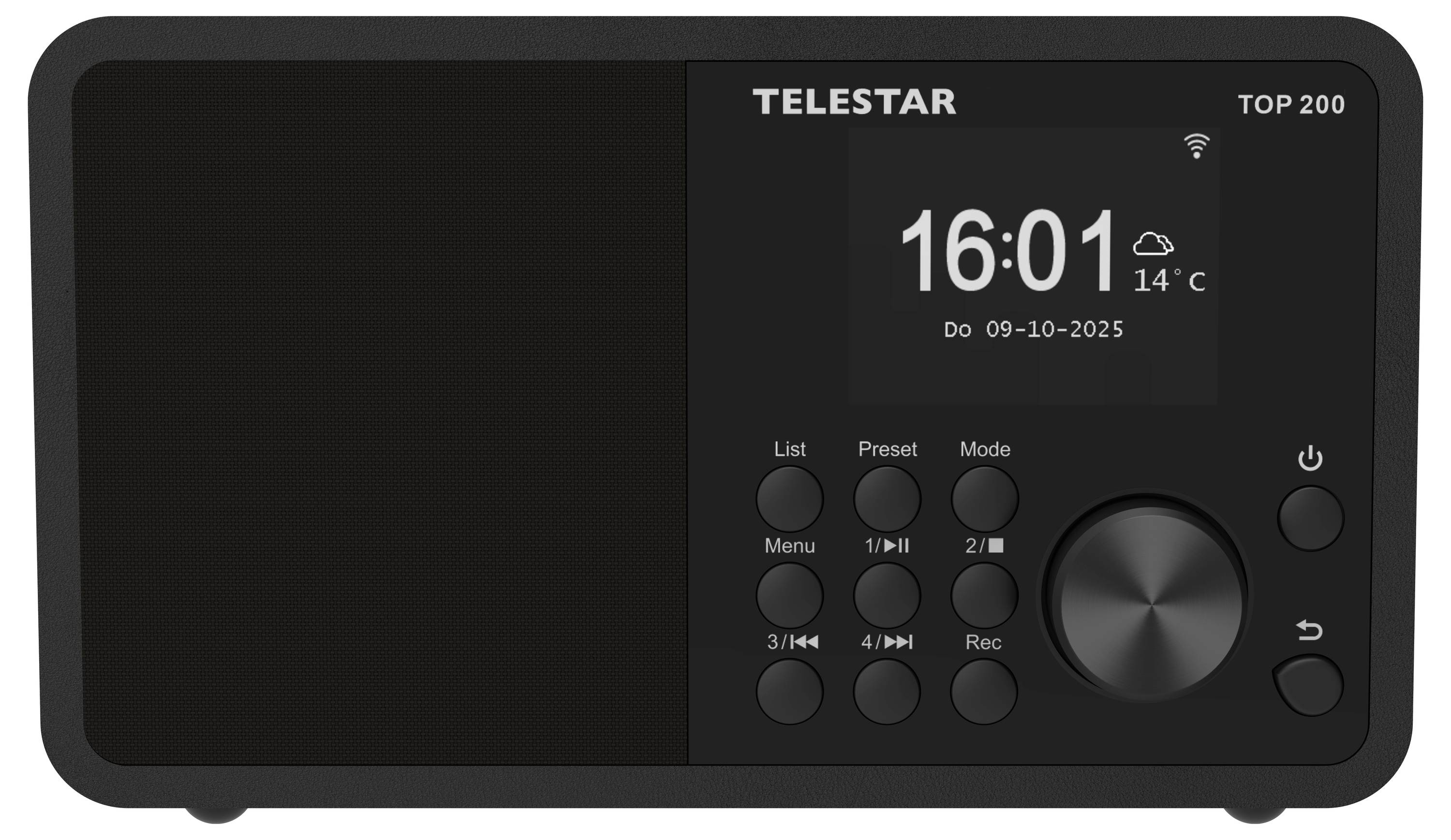A digital radio displaying the time '16:01', date 'Do 09-10-2025', and weather icon with '14°C'. Control buttons are visible on the front.