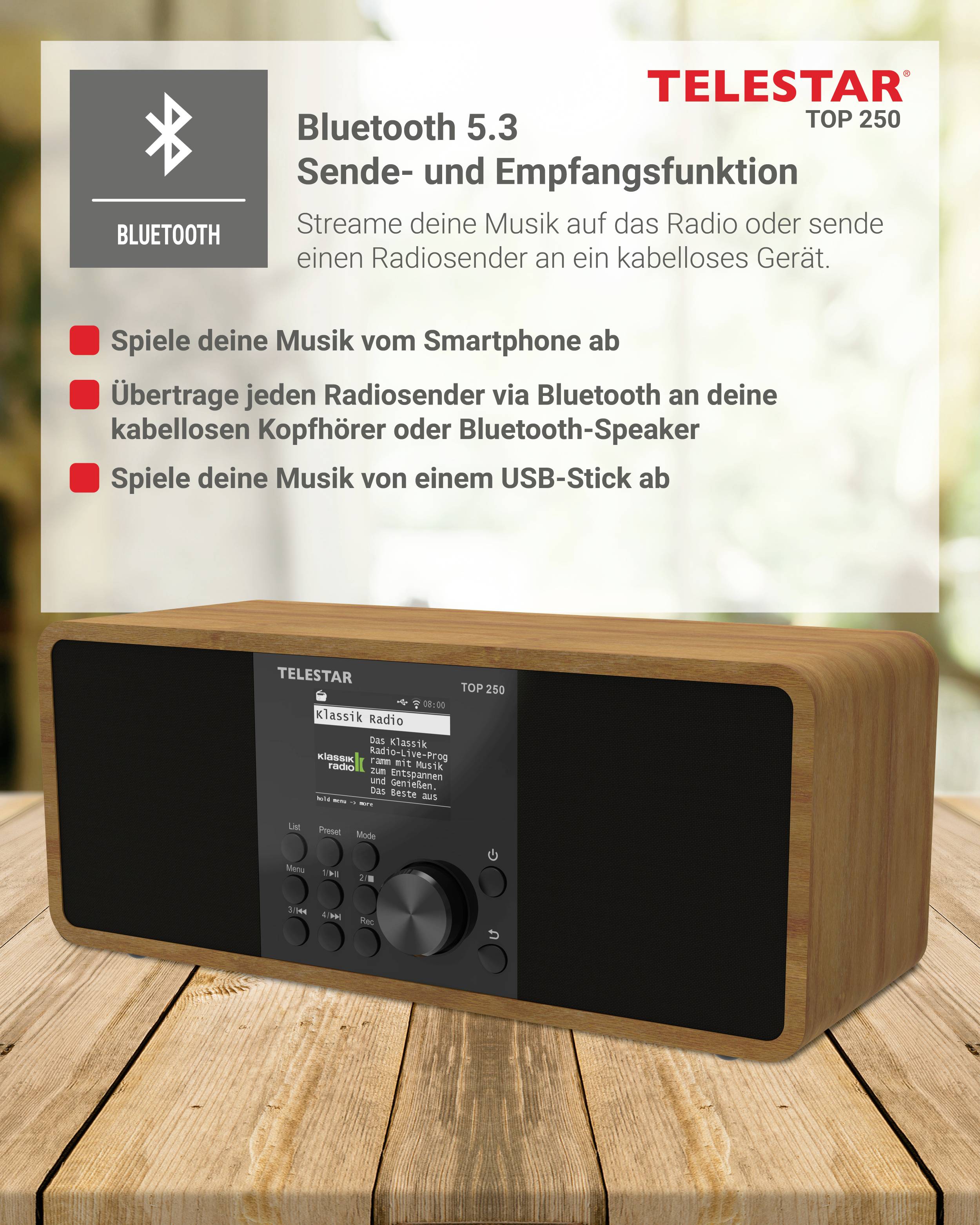 A wooden radio with Bluetooth 5.3 capability. Text highlights music streaming from smartphones, radios, or USB sticks to Bluetooth speakers.