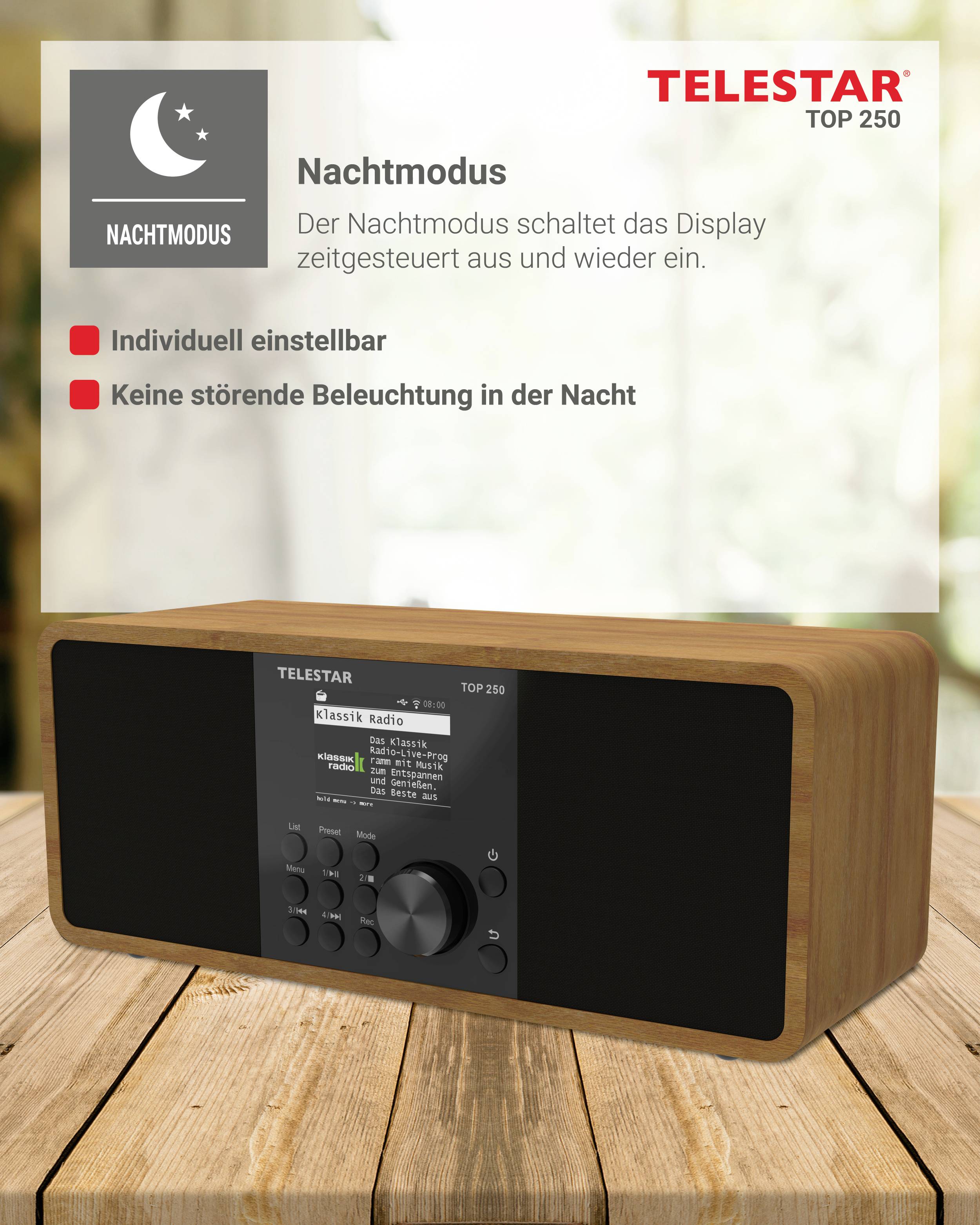 A wooden digital radio with 'Telestar Top 250' branding sits on a table. Text highlights features: customizable night mode and no disruptive night lighting.