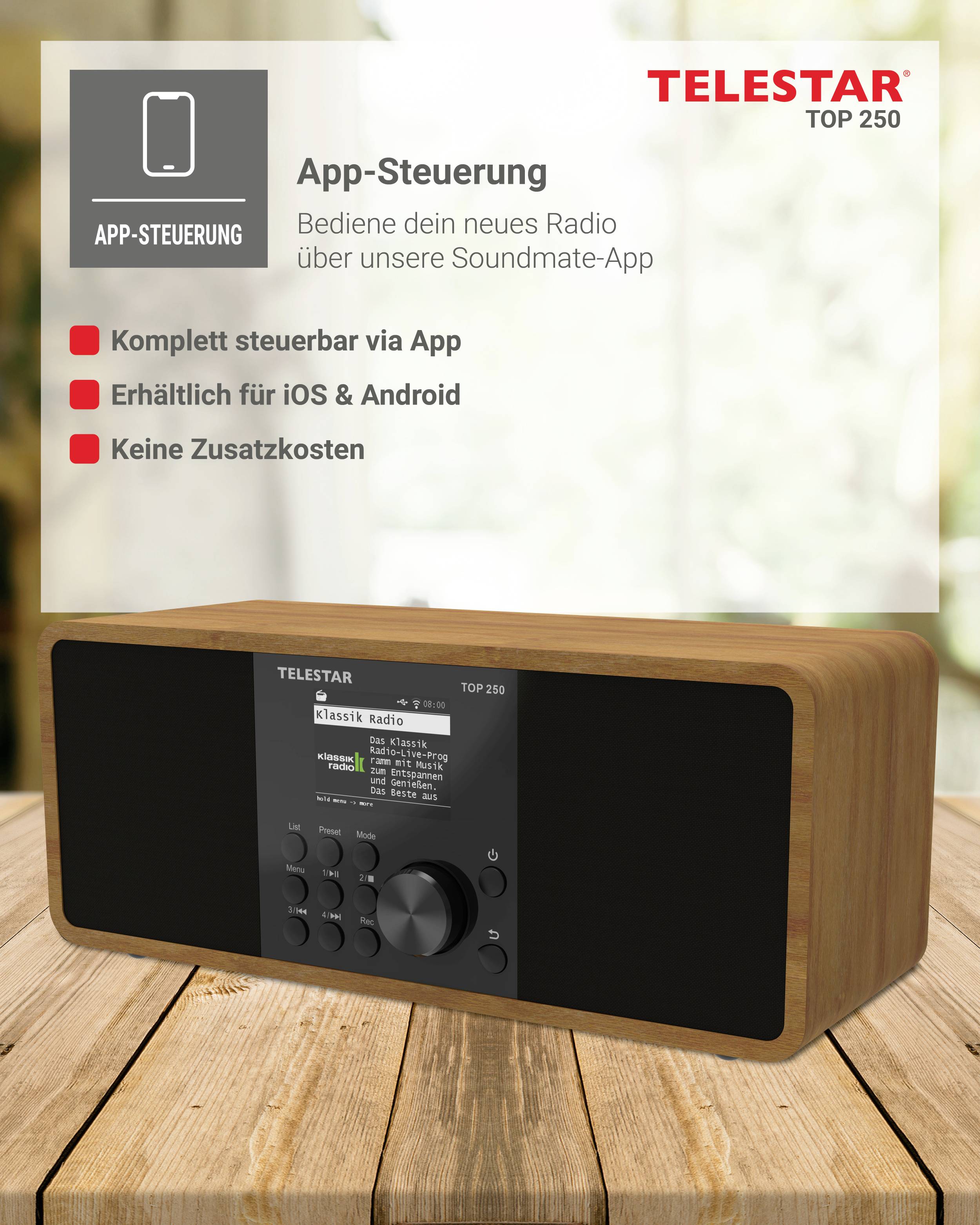 'TELESTAR TOP 250' radio advertisement with app control. Features: fully app-controllable, available for iOS and Android, no extra costs.