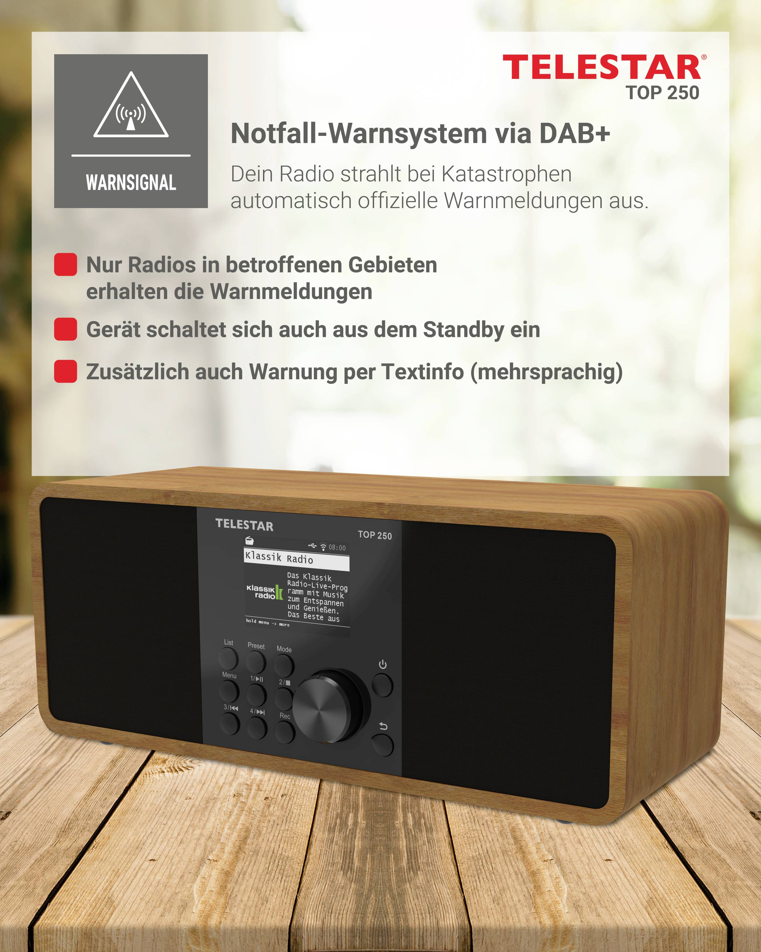 'Notfall-Warnsystem via DAB+' radio features emergency alerts in affected areas, auto power-on during standby, text info in multiple languages.