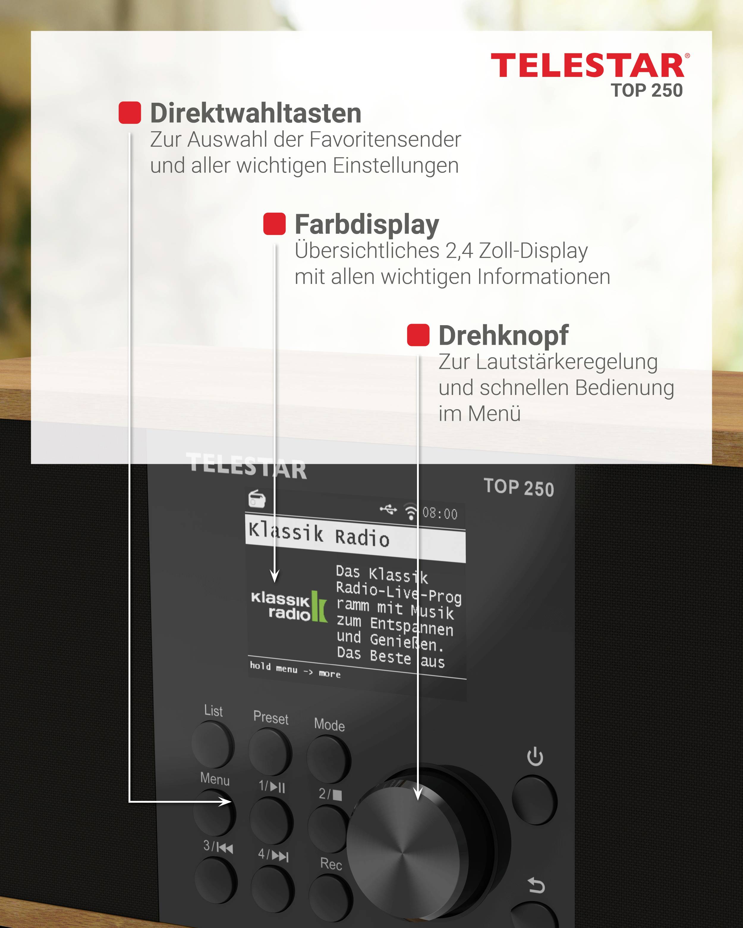 A radio device display with labeled features: 'Direktwahltasten', 'Farbdisplay', and 'Drehknopf'. The product is the 'Telestar Top 250'.