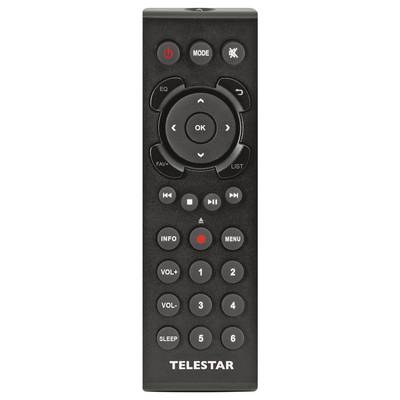A black remote control, branded 'Telestar', features navigation, volume, and numeric buttons. Prominent are the 'OK' and 'Mode' buttons.