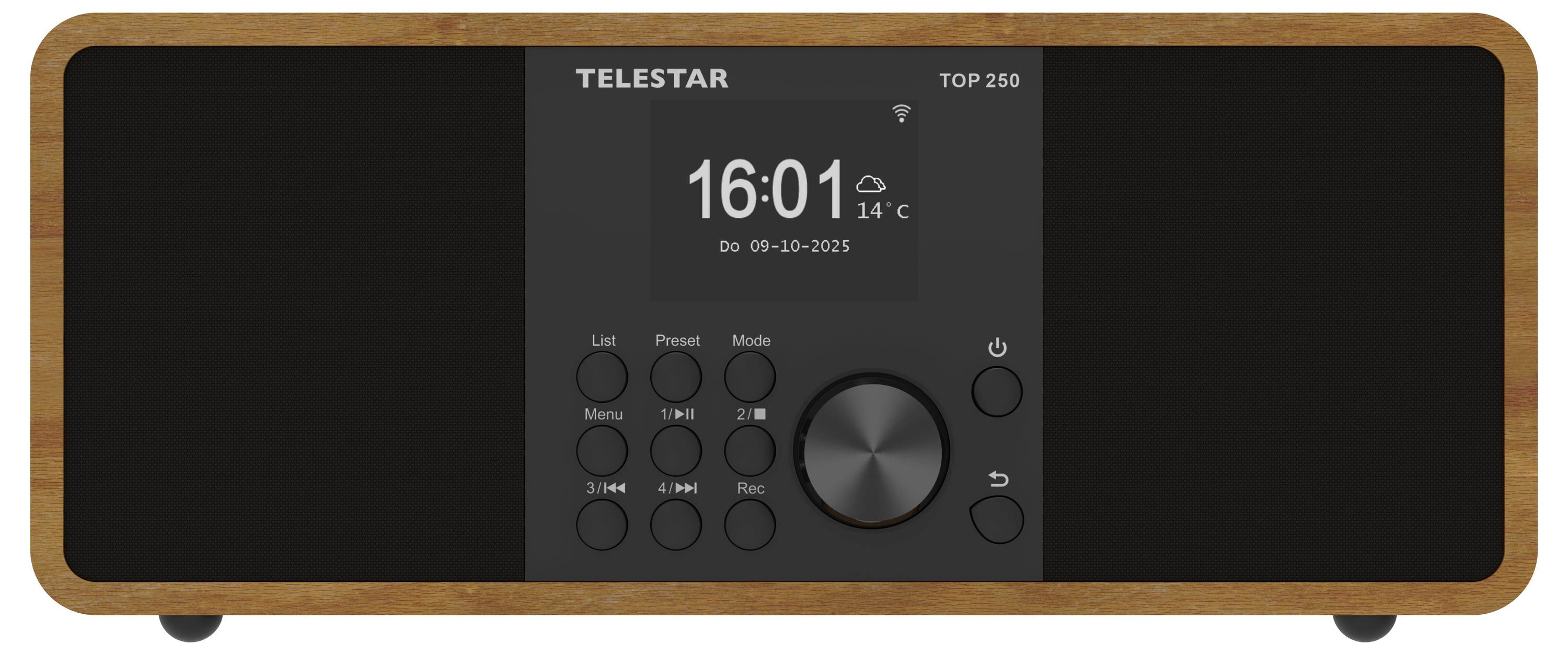 A digital radio with a wooden frame, showing the time '16:01' and temperature '14°C' on the display. The brand name is visible at the top.