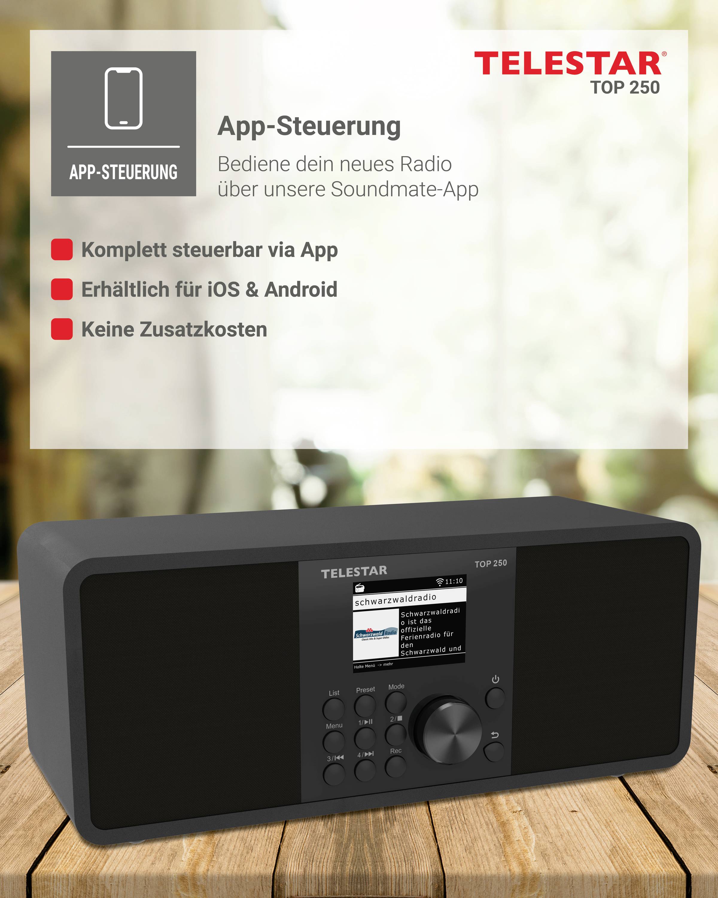 'App Control: Operate your new radio via our Soundmate app'. Black radio on wooden surface, supports iOS and Android. No additional costs.