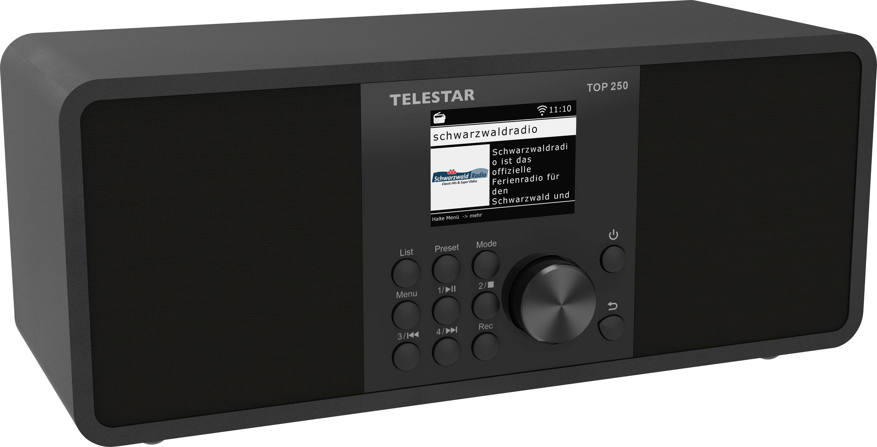 A black radio with a digital screen displaying 'schwarzwaldradio' and control buttons. The brand 'TELESTAR' is visible above the screen.