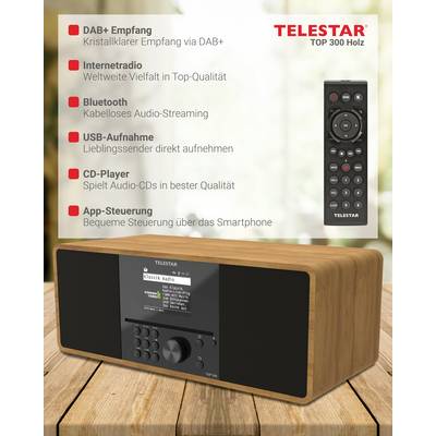 Wooden-effect radio with DAB+, internet radio, Bluetooth, USB, CD player and app control. Remote control shown alongside.